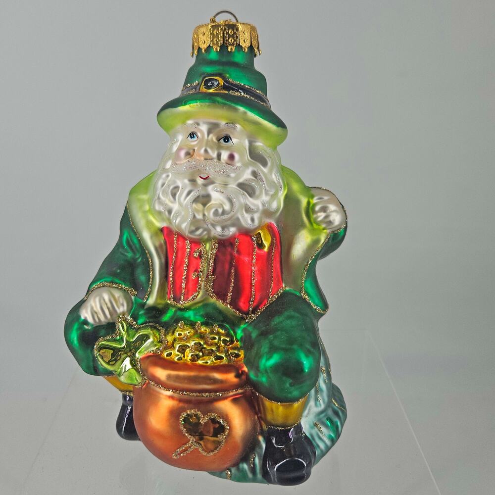 Irish St Patrick's Day Christmas glass Santa ornament leprechaun hat pot of gold